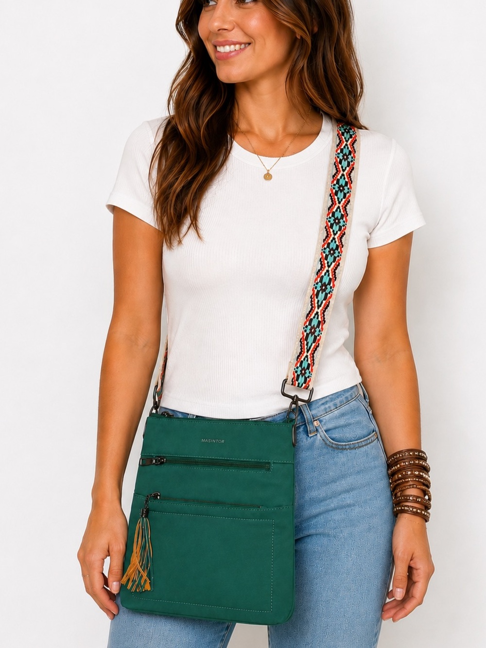 MASINTOR Green Faux Leather Boho Crossbody Purse w/ Embroidered Strap & Tassel